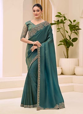 Classic Rama Green Tissue Embroidered Sequins Zari Thread Saree