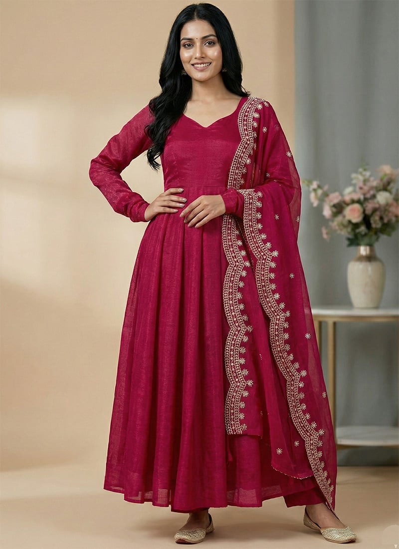 Classic Rani Pink Fendy Silk Embroidered Sequins Anarkali Suit Festive Wear