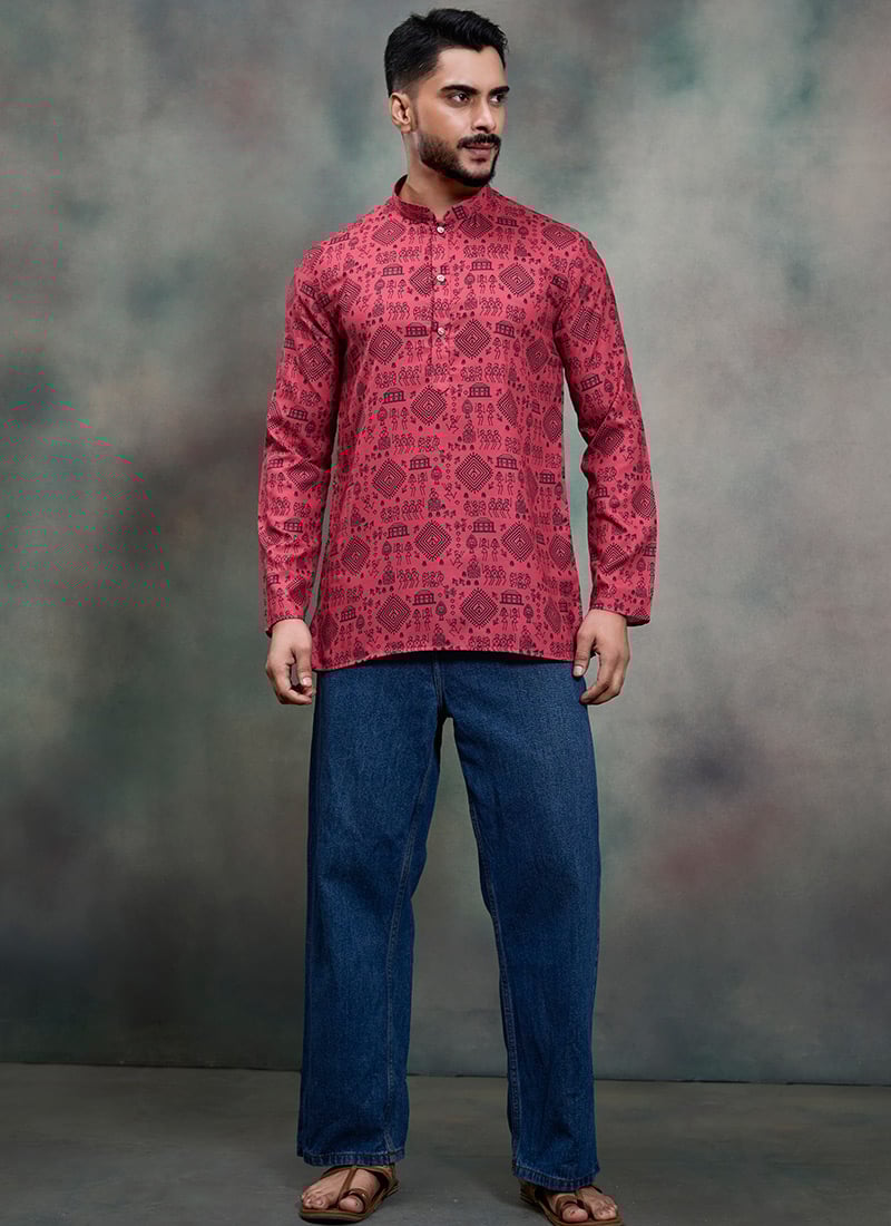 Classic Red Blended Cotton Printed Kurta