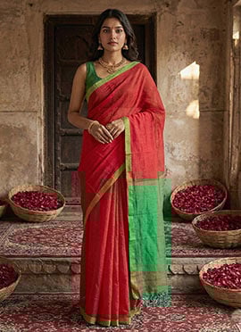 Classic Red Blended Cotton Woven Saree