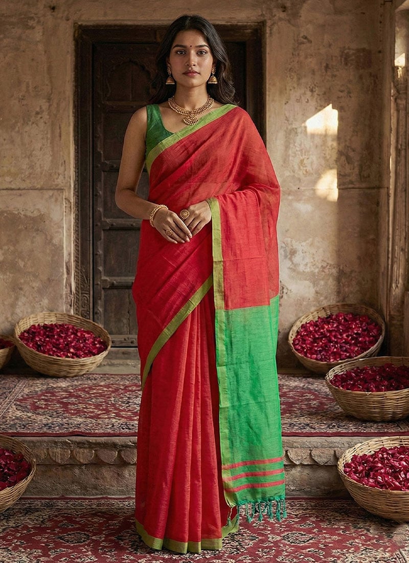 Classic Red Blended Cotton Woven Saree Festive Wear