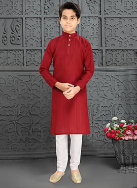 Classic Red Cotton Blend Zari Kids Boys Kurta Pyjama