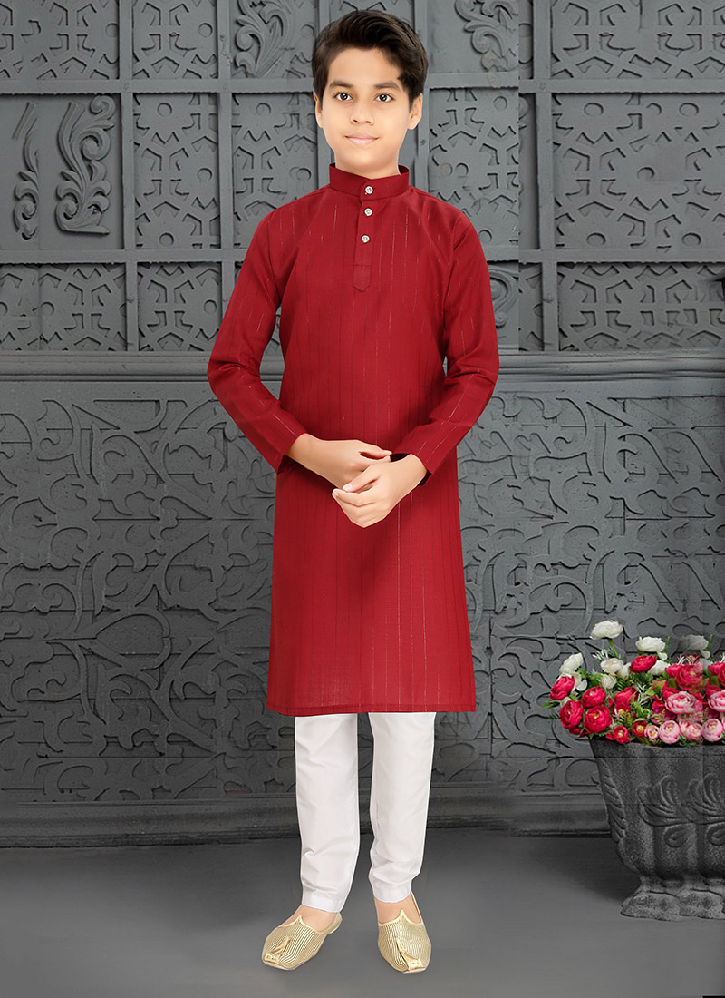 Classic Red Cotton Blend Zari Kids Boys Kurta Pyjama Festive Wear