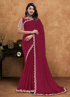 Classic Red Crepe Silk Embroidered Stone Beads Sequins Zari Saree