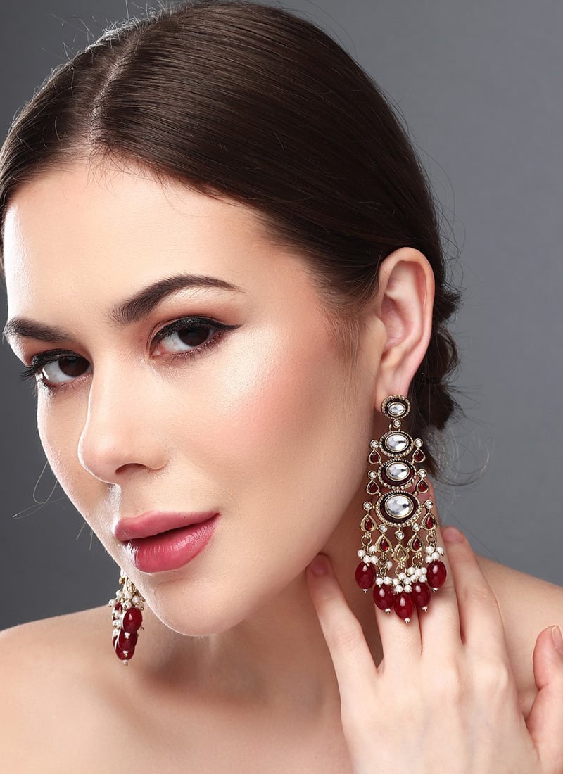 Classic Red Kundan Pearl Meenakari Dangler After Six Wear