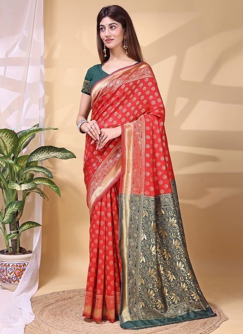 Classic Red Lichi Silk Jacquard Saree Festive Wear