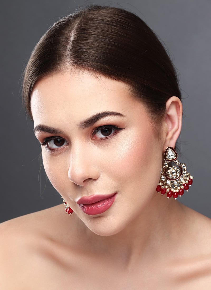 Classic Red Meenakari Kundan Pearl Hoops After Six Wear