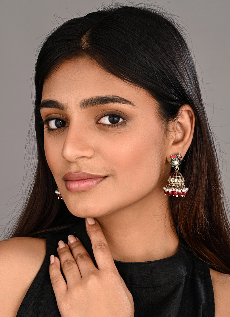 Classic Red Meenakari Stone Pearl Jhumka Festive Wear
