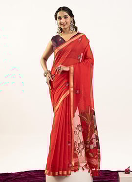 Classic Red Muga Cotton Zari Printed Woven Saree