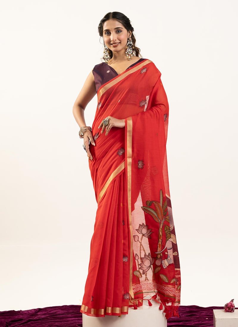 Classic Red Muga Cotton Zari Printed Woven Saree After Six Wear