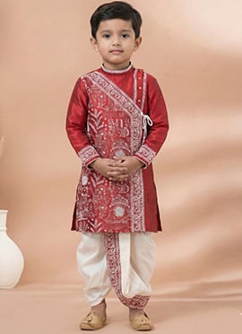 Classic Red Viscose Embroidered Kids Boys Kurta Pyjama