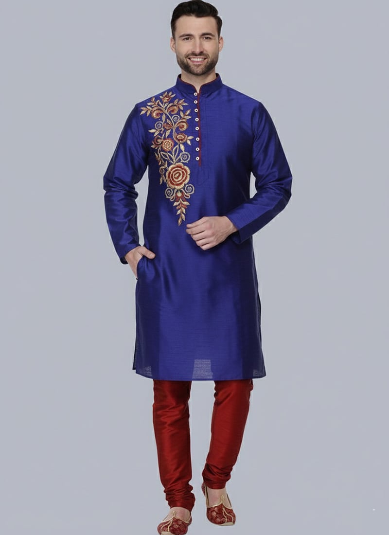 Classic Royal Blue Dupion Silk Embroidered Kurta Pyjama Festive Wear