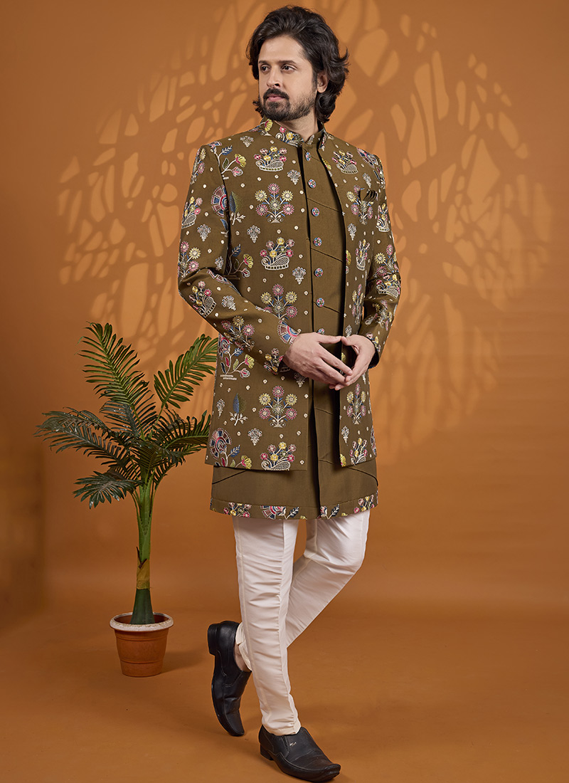 Classic Rust Art Silk Indowestern Sherwani Wedding Wear
