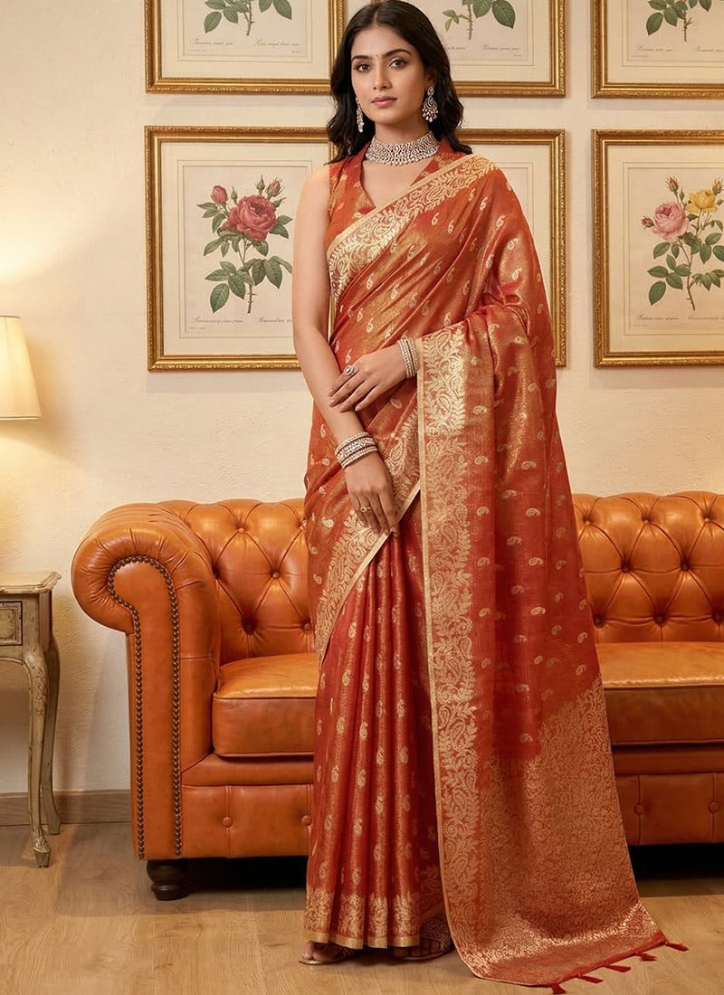 Classic Rust Tissue Silk Jacquard Woven Saree Festive Wear