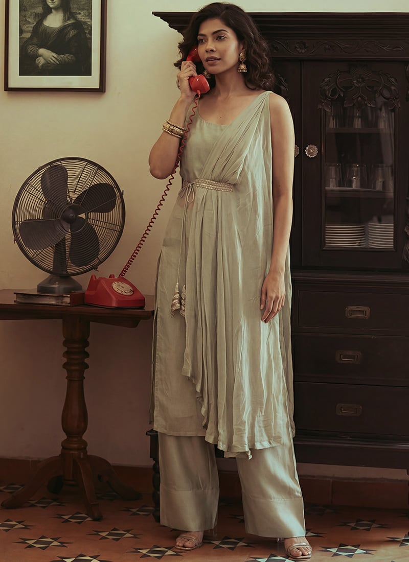 Classic Sea Green Silk Indowestern Set And Suit After Six Wear