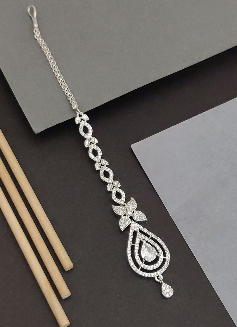 Classic Silver Kundan Stones American Diamond Mangtikka Festive Wear