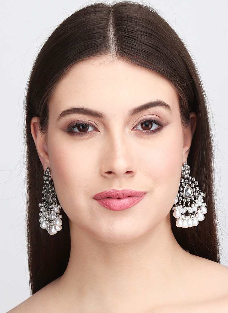 Classic Silver Pearl Stone Chaand Bali After Six Wear