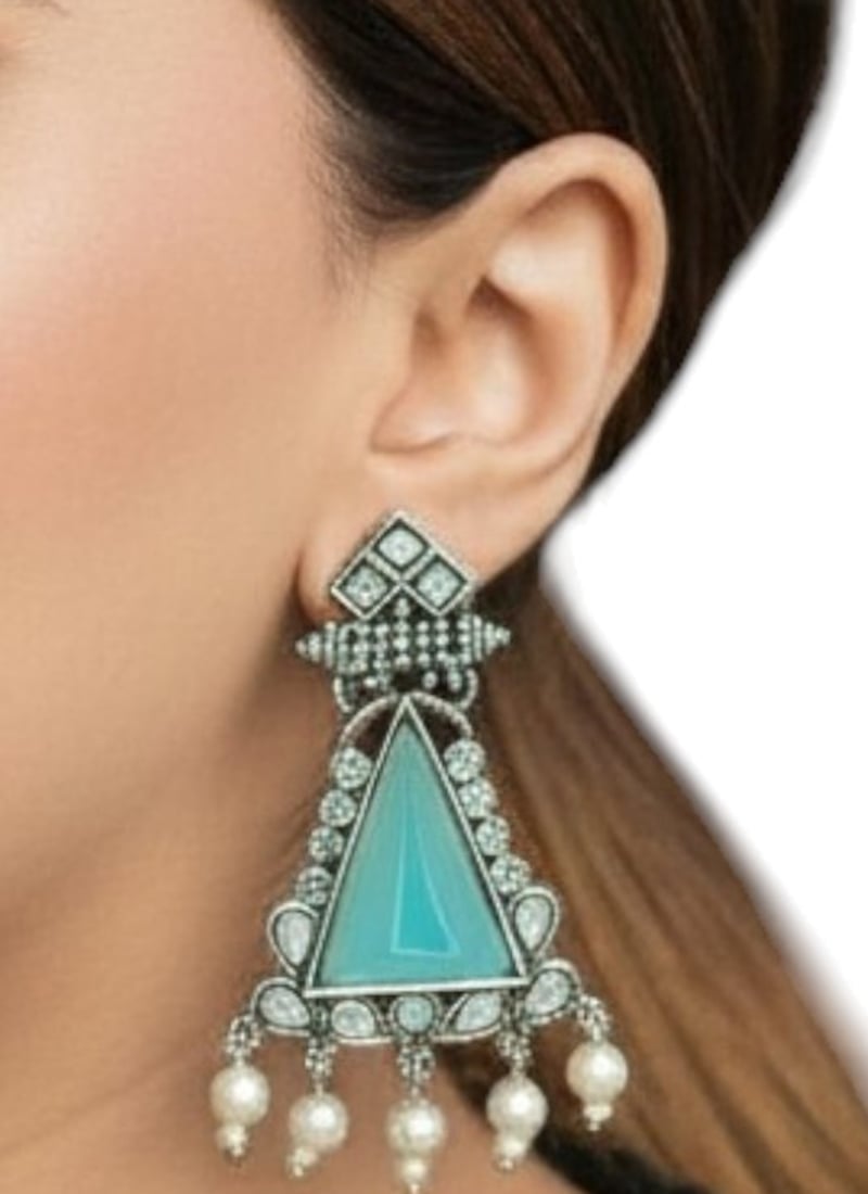 Classic Silver Plated Kundan Moti Oxidised Drops Festive Wear