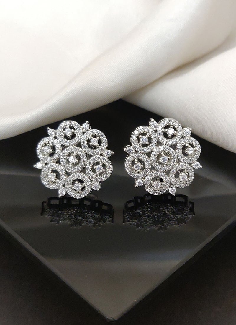 Classic Silver Stones American Diamond Studs Festive Wear
