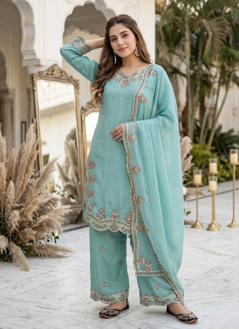 Classic Sky Blue Satin Blend Embroidered Sequins Palazzo Suit After Six Wear