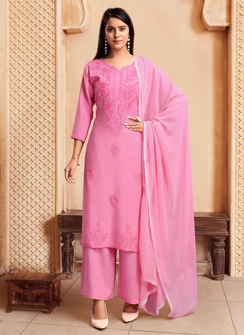 Classic Straight Pant Suit In Pink Rayon Chikankari With Dupatta