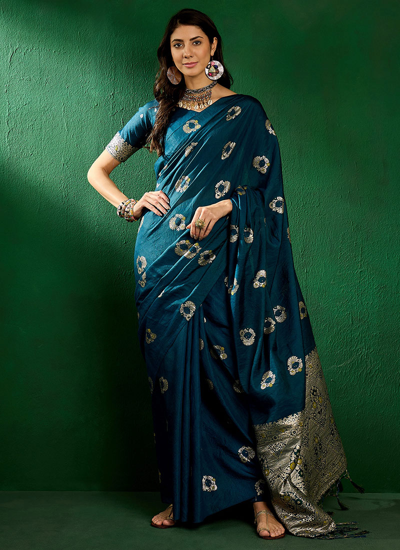Women's Silk Blend Teal blue Printed Designer Saree With Blouse Piece