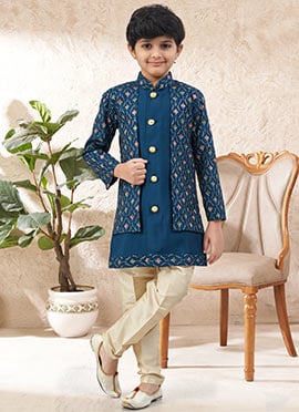 Classic Teal Blue Soft Silk Sequins Embroidered Kids Boys Indowestern Sherwani