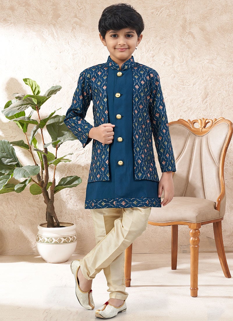Classic Teal Blue Soft Silk Sequins Embroidered Kids Boys Indowestern Sherwani Wedding Wear