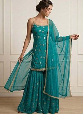 Classic Teal Faux Georgette Embroidered Sharara Suit