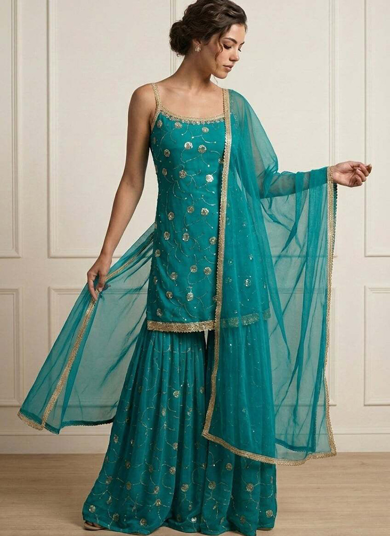 Classic Teal Faux Georgette Embroidered Sharara Suit Festive Wear