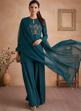 Classic Teal Silk Resham Beads Hand Embroidered Salwar Suit