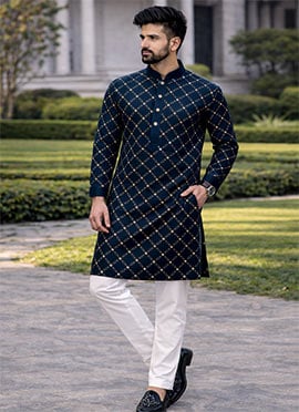 Classic Teal Soft Silk Sequins Embroidered Kurta Pyjama