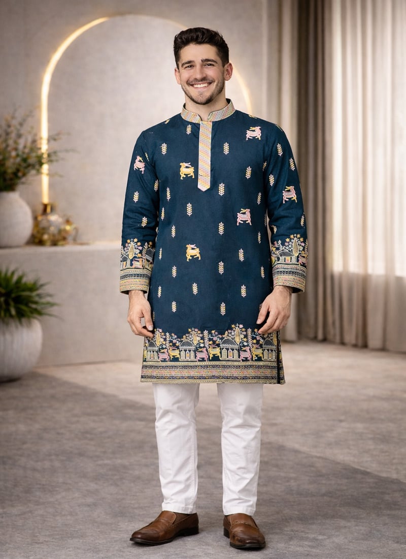 Classic Teal Soft Silk Thread Embroidered Kurta Pyjama Festive Wear