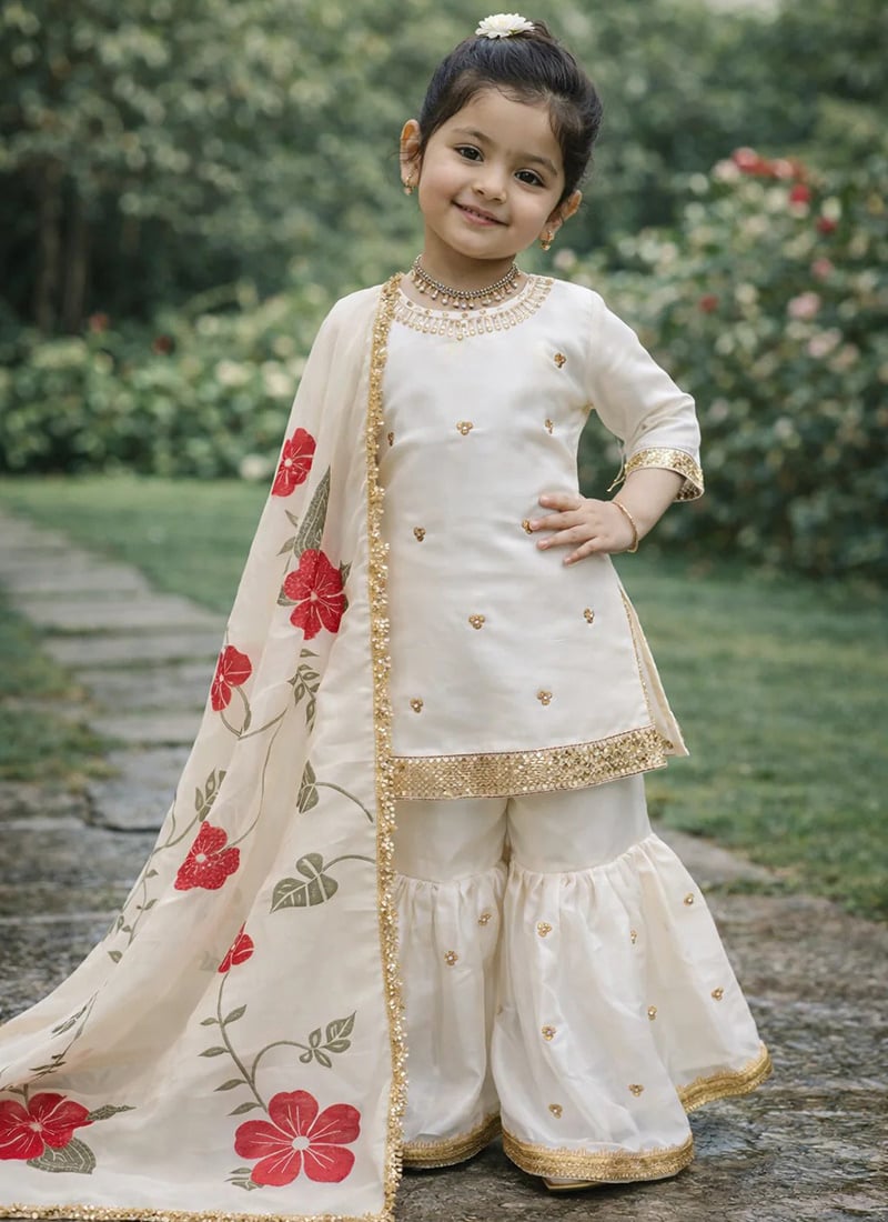 Classic White  Silk Embroidery Sequence Work Kids Girls Sharara Suit