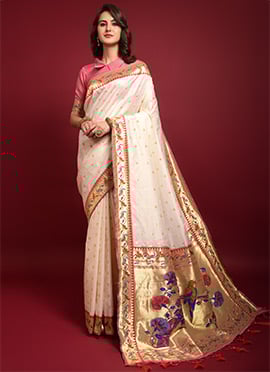 Classic White Color Zari Woven Paithani Silk Saree