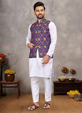 Classic White Cotton Jacquard Bandi Set