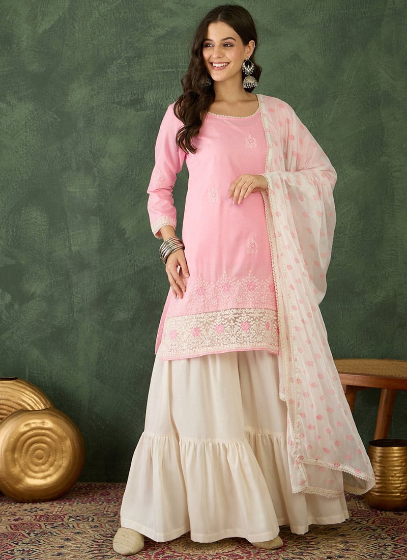 Classic White Cotton Satin Embroidered Sharara Suit After Six Wear