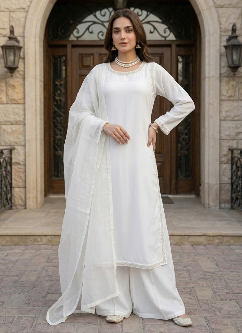 Classic White Crepe Beads Lace Work Palazzo Suit Festive Wear