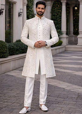 Classic White Doniar Beads Hand Embroidered Indowestern Sherwani