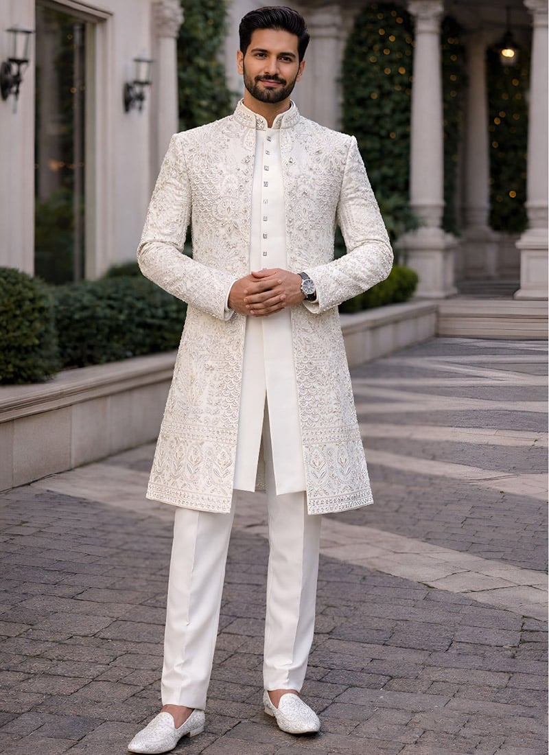 Classic White Doniar Beads Hand Embroidered Indowestern Sherwani Wedding Wear