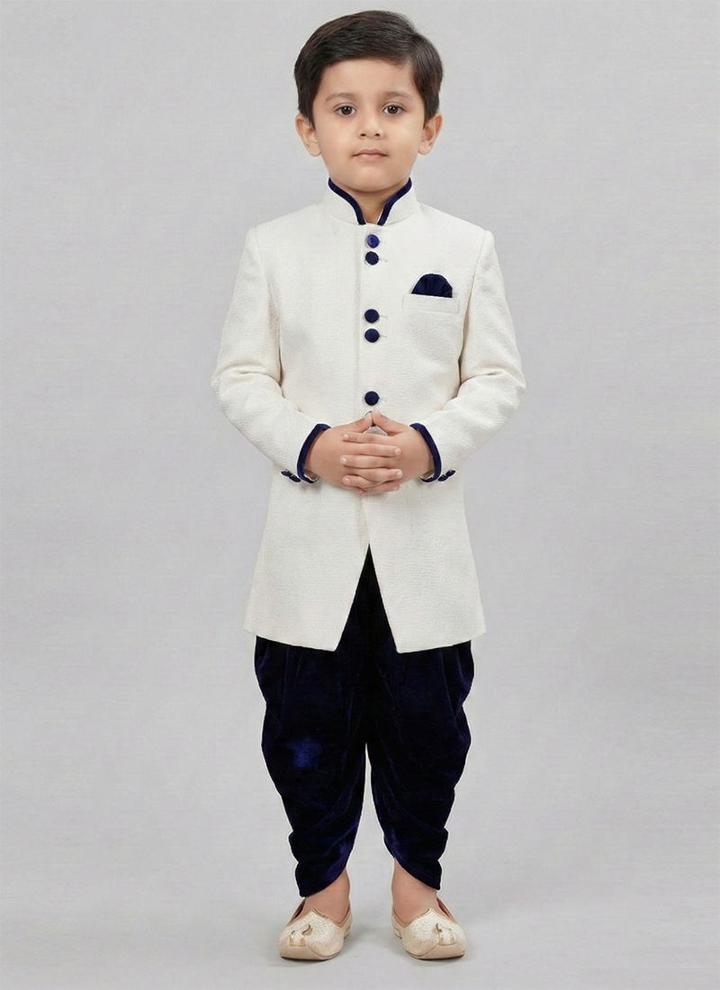 Classic White Dupion Silk Kids Boys Indowestern Sherwani Festive Wear