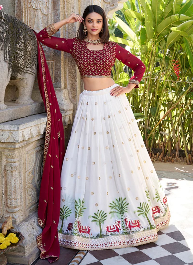 Classic White Faux Georgette Sequins Embroidered Foil Print Umbrella Lehenga Wedding Wear