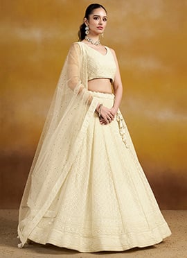 Classic White Georgette Sequins Embroidered Thread Umbrella Lehenga