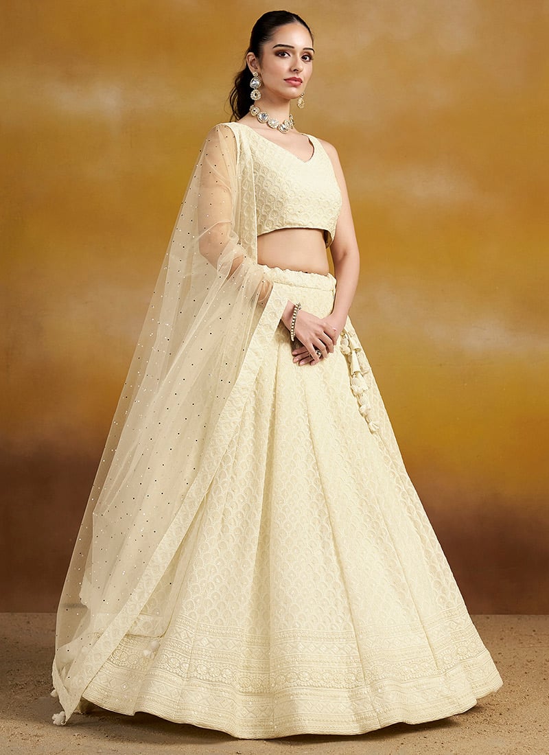 Classic White Georgette Sequins Embroidered Thread Umbrella Lehenga Wedding Wear