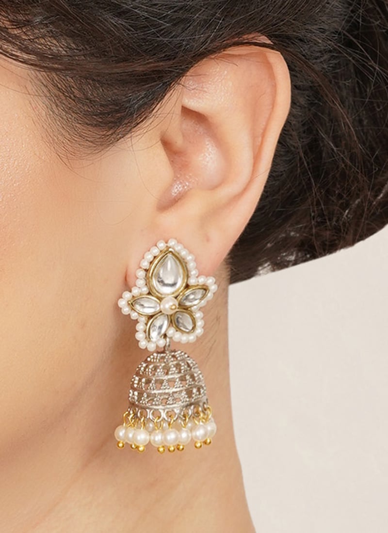 Classic White Kundan Beads Jhumka Festive Wear