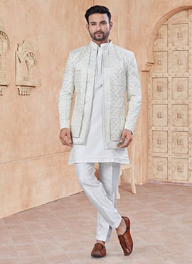 Classic White Raw Silk Embroidered Sequins Jacket Style Indowestern Sherwani