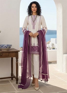 Classic White Silk Resham Embroidered Stones Beads Straight Pant Suit
