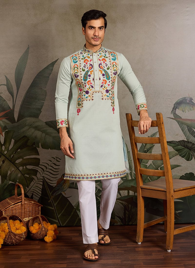 Classic White Viscose Silk Embroidered Sequins Thread Kurta