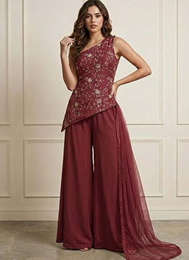 Classic Wine Art Silk Embroidered Palazzo Suit