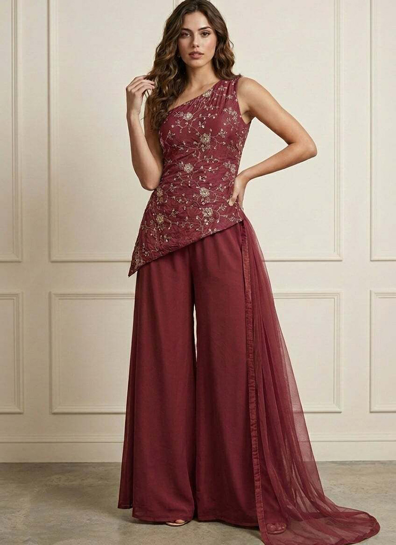 Classic Wine Art Silk Embroidered Palazzo Suit Festive Wear
